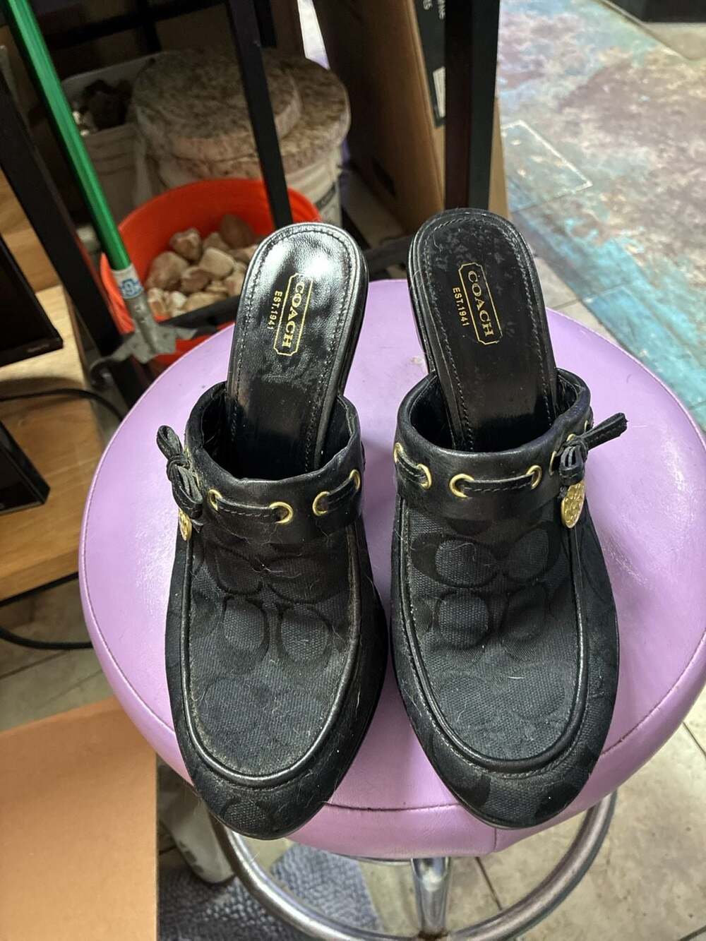 Coach Signature Black Clog Platform Heels with Tassel